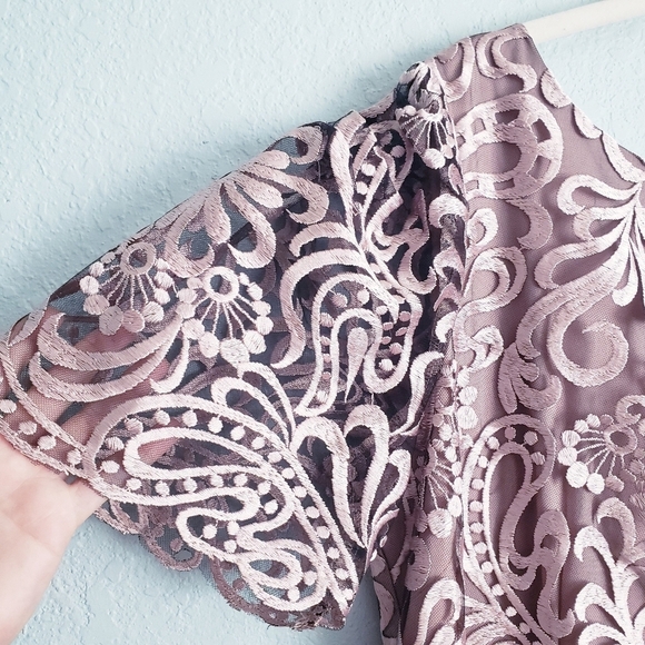 JS Collections Embroidered Mesh Flutter Sleeve Elegant Lace Evening Gown - Picture 6 of 14